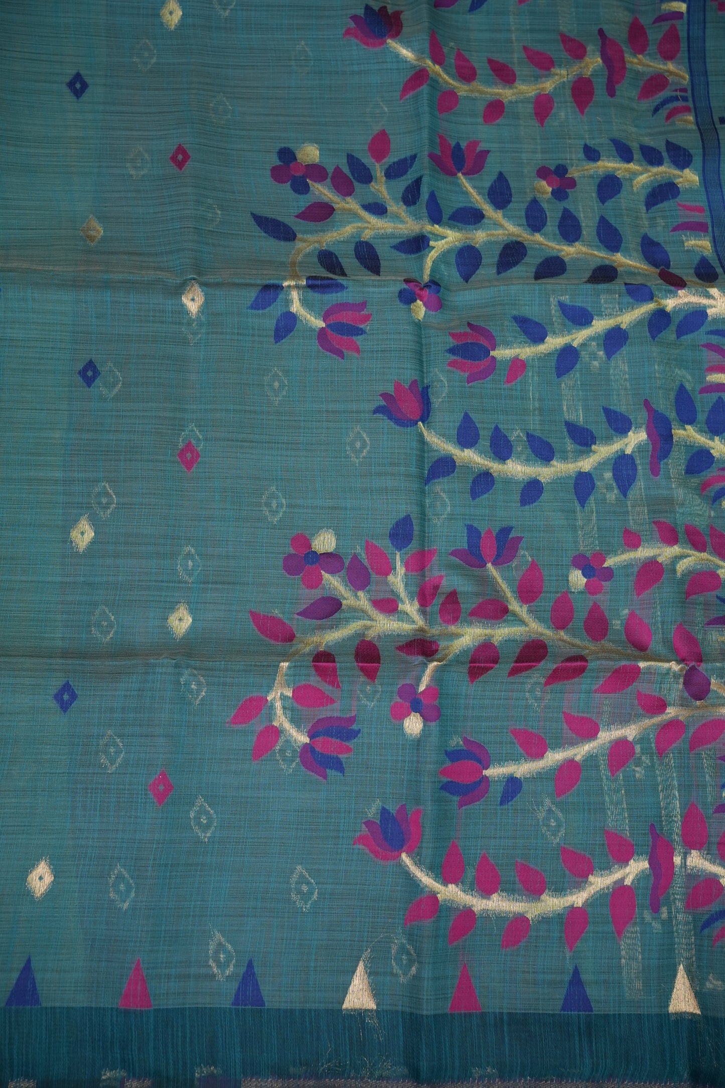 Khaddi Cotton Saree with Jamdani Pallu – Teal Blue