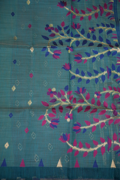 Khaddi Cotton Saree with Jamdani Pallu – Teal Blue