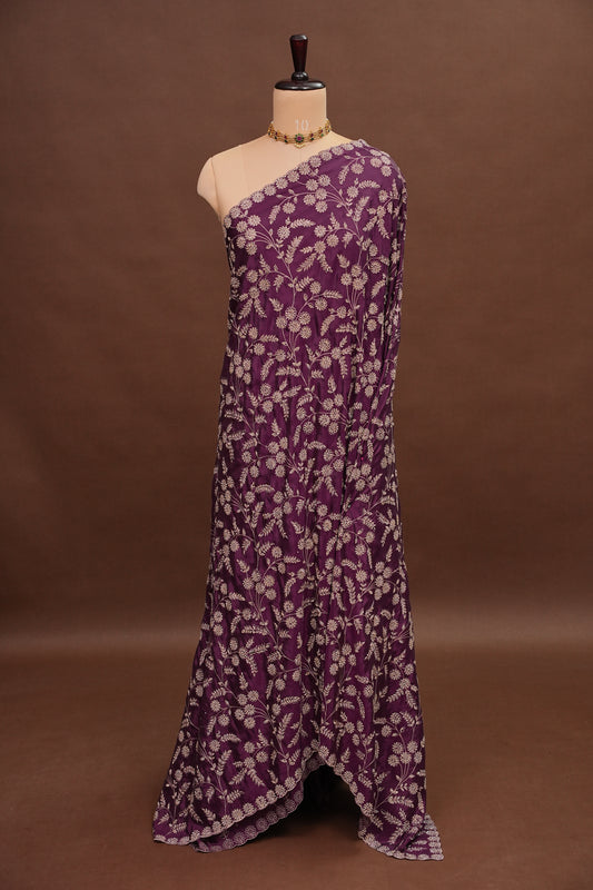 Party Wear Chinon Crepe Silk Saree with Zari Floral Jaal - Rich Plum