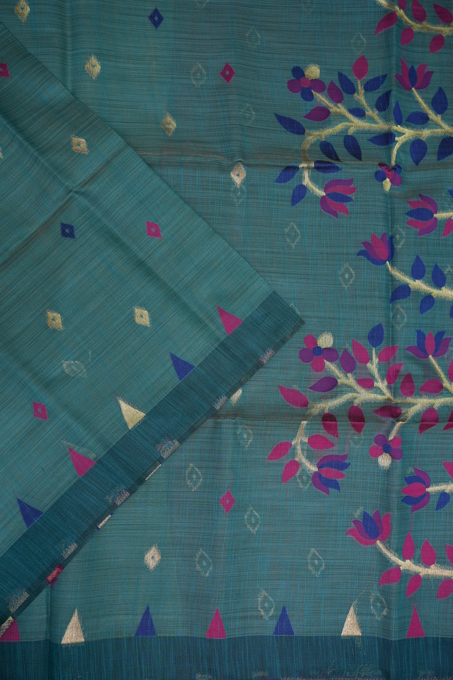 Khaddi Cotton Saree with Jamdani Pallu – Teal Blue