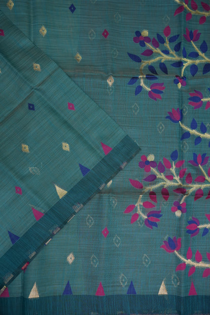 Khaddi Cotton Saree with Jamdani Pallu – Teal Blue