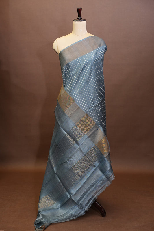 Geometric Patterned Pure Tussar Silk Saree - Grey
