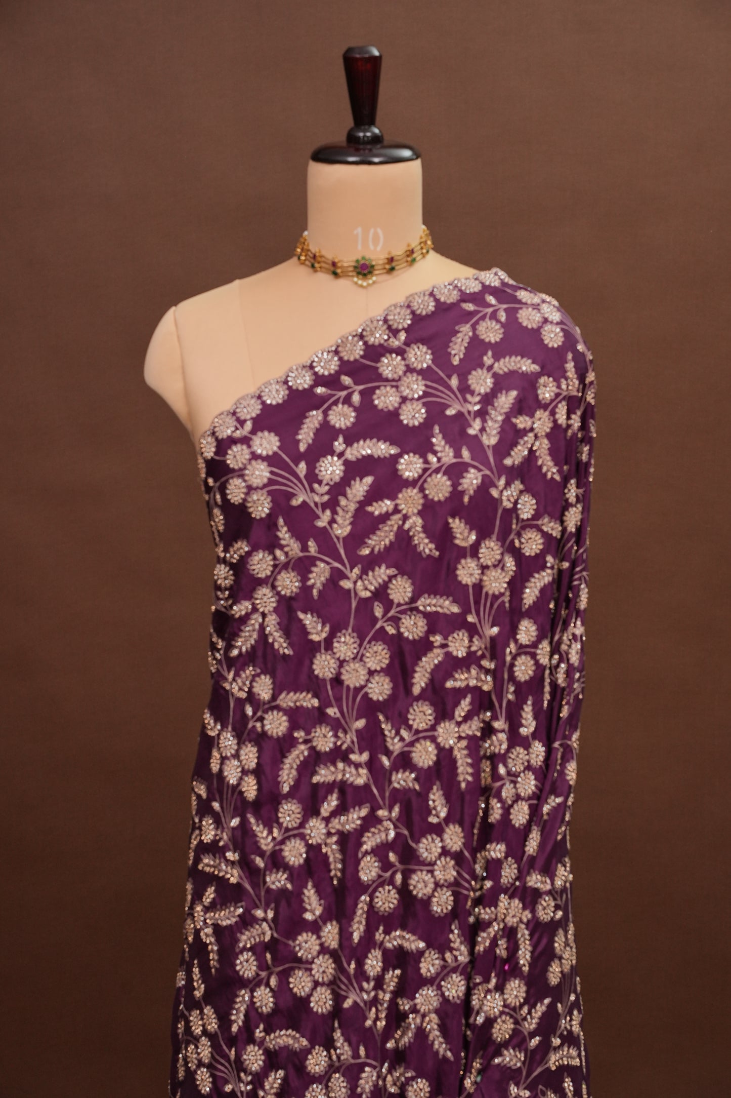 Party Wear Chinon Crepe Silk Saree with Zari Floral Jaal - Rich Plum