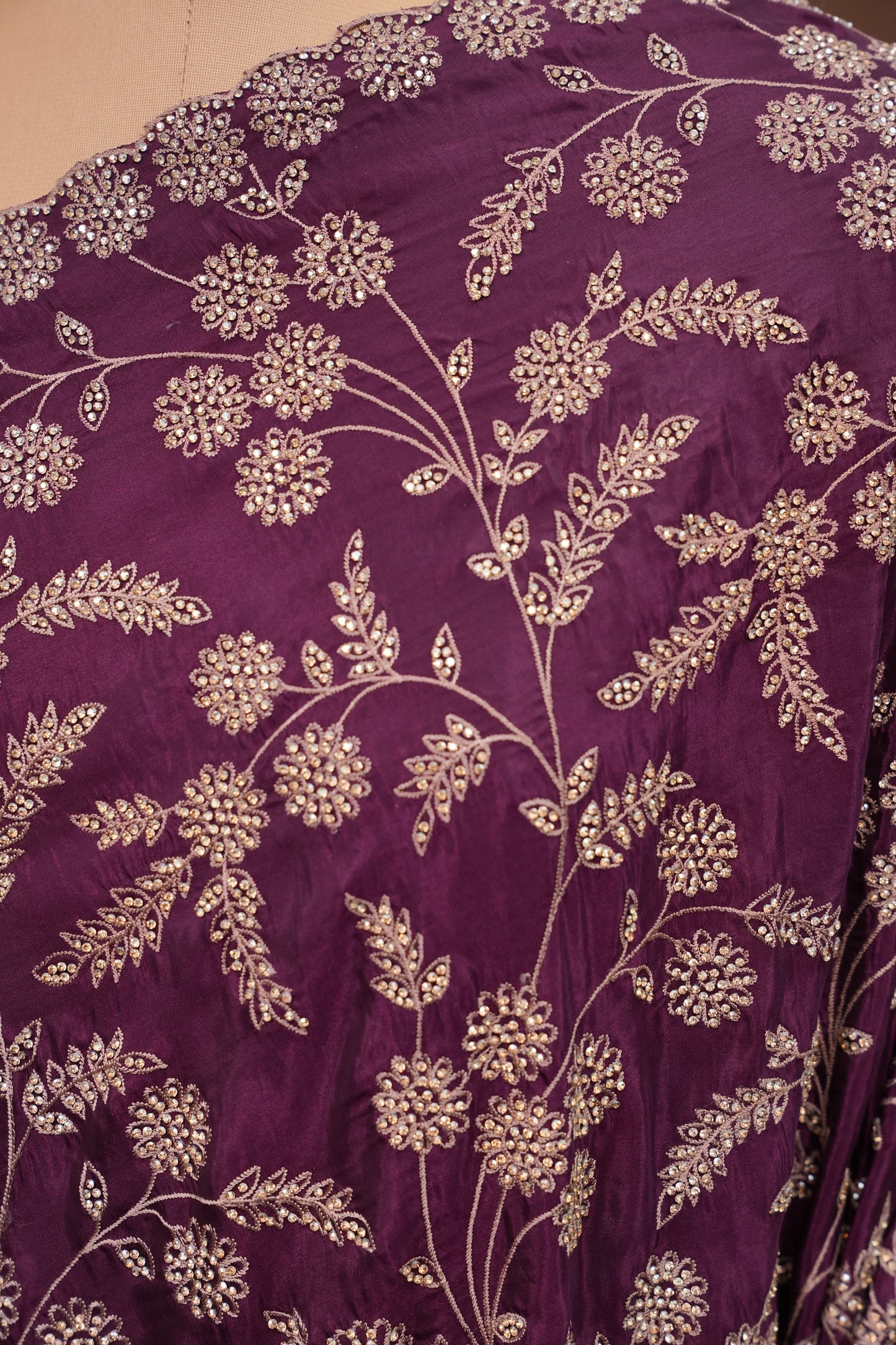 Party Wear Chinon Crepe Silk Saree with Zari Floral Jaal - Rich Plum