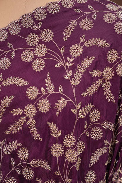 Party Wear Chinon Crepe Silk Saree with Zari Floral Jaal - Rich Plum