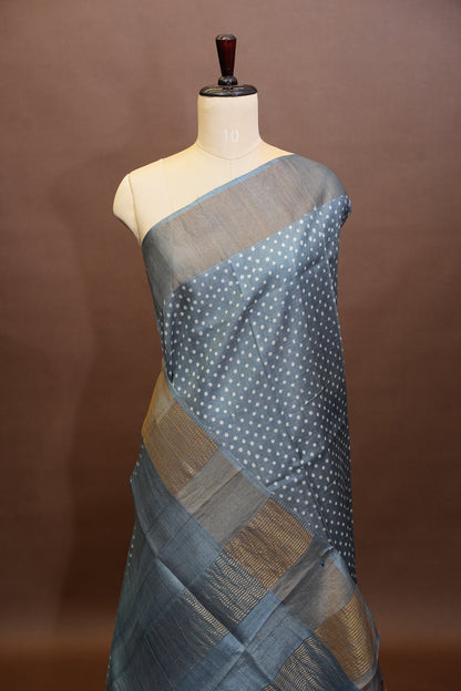 Geometric Patterned Pure Tussar Silk Saree-Grey|Silk Mark Certified
