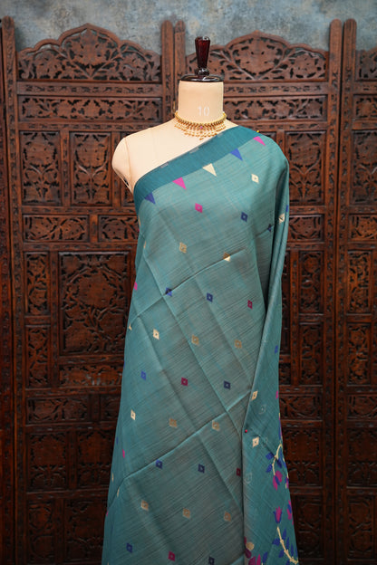 Khaddi Cotton Saree with Jamdani Pallu – Teal Blue