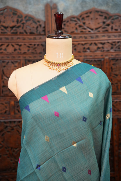 Khaddi Cotton Saree with Jamdani Pallu – Teal Blue