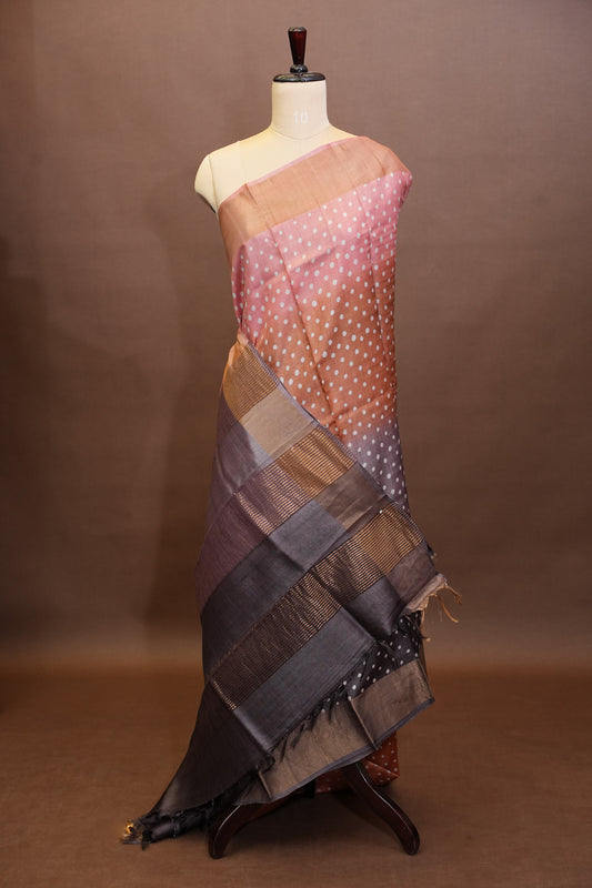 Geometric Patterned Pure Tussar Silk Saree - Multitoned