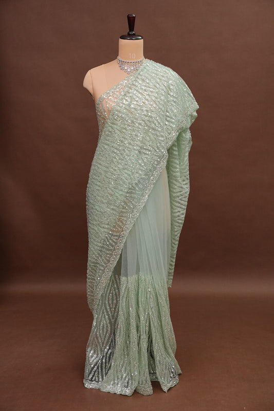 Party Wear Saree with Silver Bead & Sequin Embellishments - Mint Green