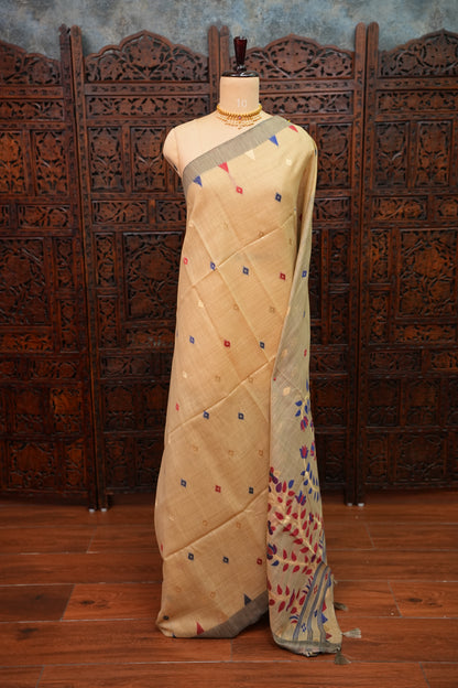 Khaddi Cotton Saree with Jamdani Pallu – Beige & Royal Blue