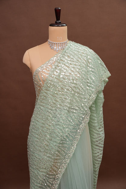 Party Wear Saree with Silver Bead & Sequin Embellishments - Mint Green