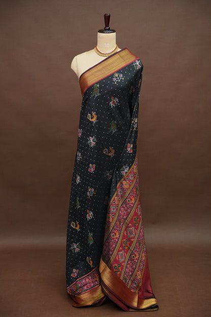 Charcoal Grey Semi Silk Saree with Traditional Ikat-Inspired Motifs & Rich Patola-Style Pallu