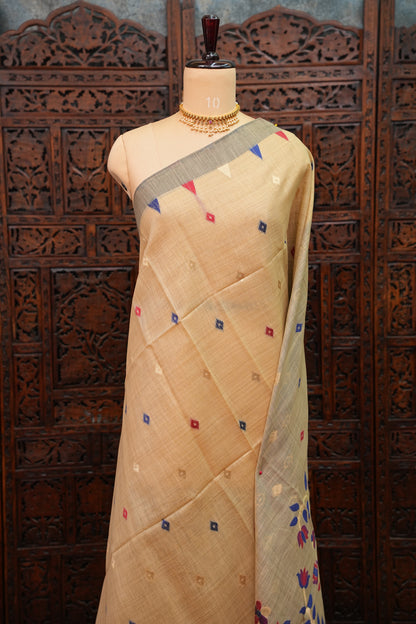 Khaddi Cotton Saree with Jamdani Pallu – Beige & Royal Blue