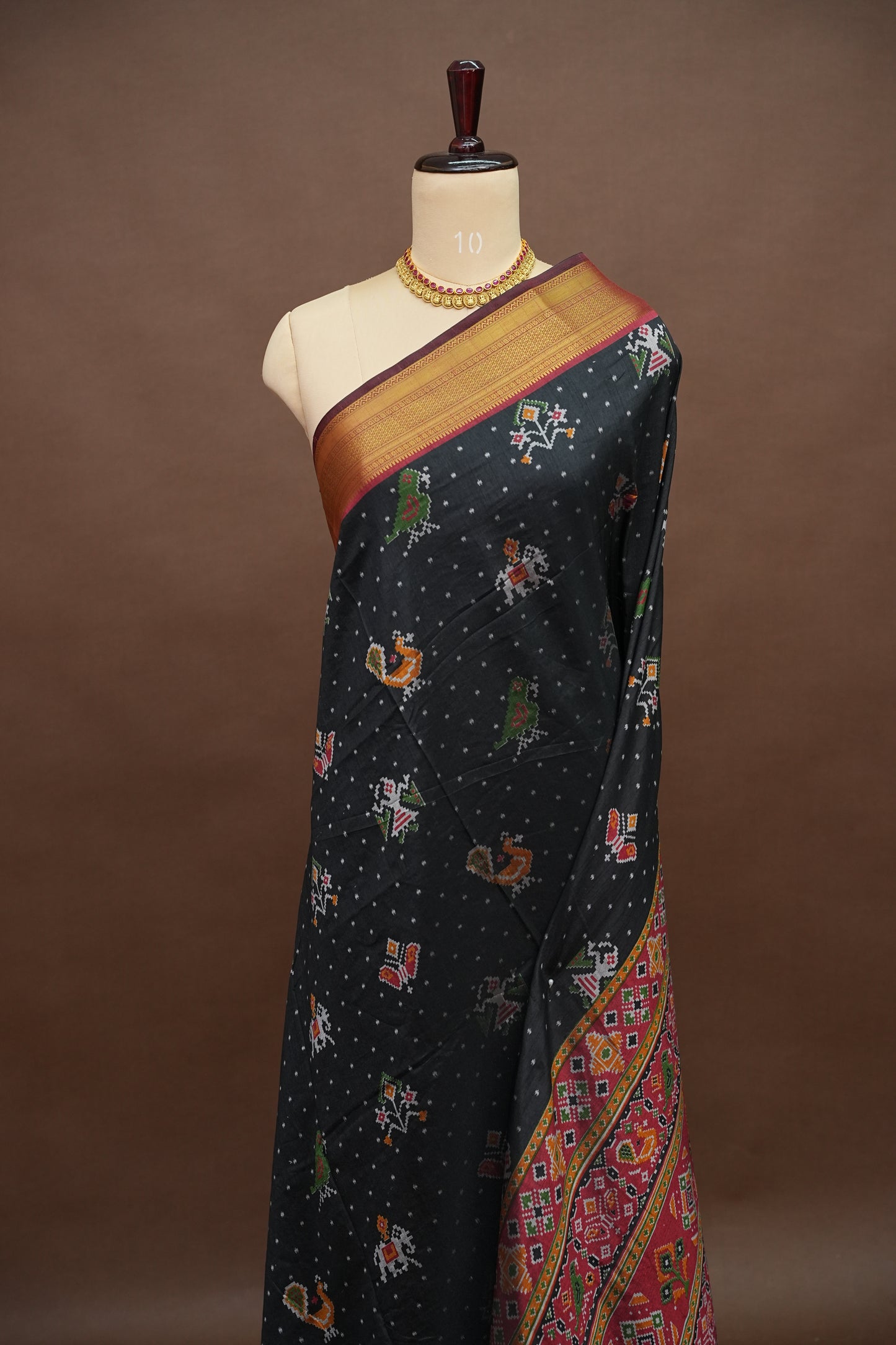 Charcoal Grey Semi Silk Saree with Traditional Ikat-Inspired Motifs & Rich Patola-Style Pallu