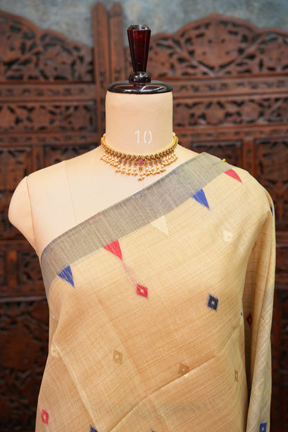 Khaddi Cotton Saree with Jamdani Pallu – Beige & Royal Blue