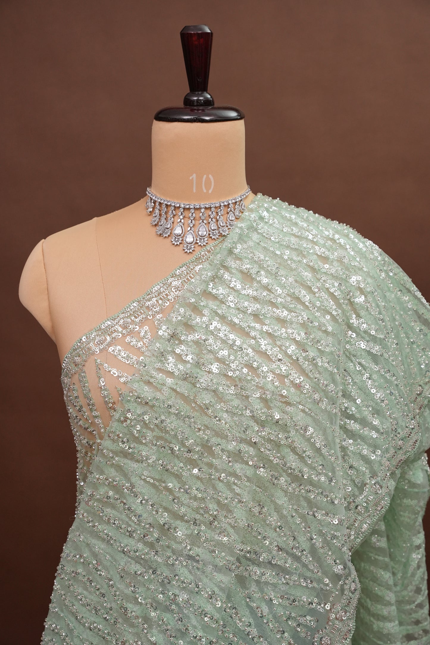 Party Wear Saree with Silver Bead & Sequin Embellishments - Mint Green