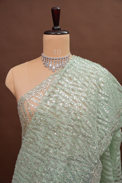 Party Wear Saree with Silver Bead & Sequin Embellishments - Mint Green