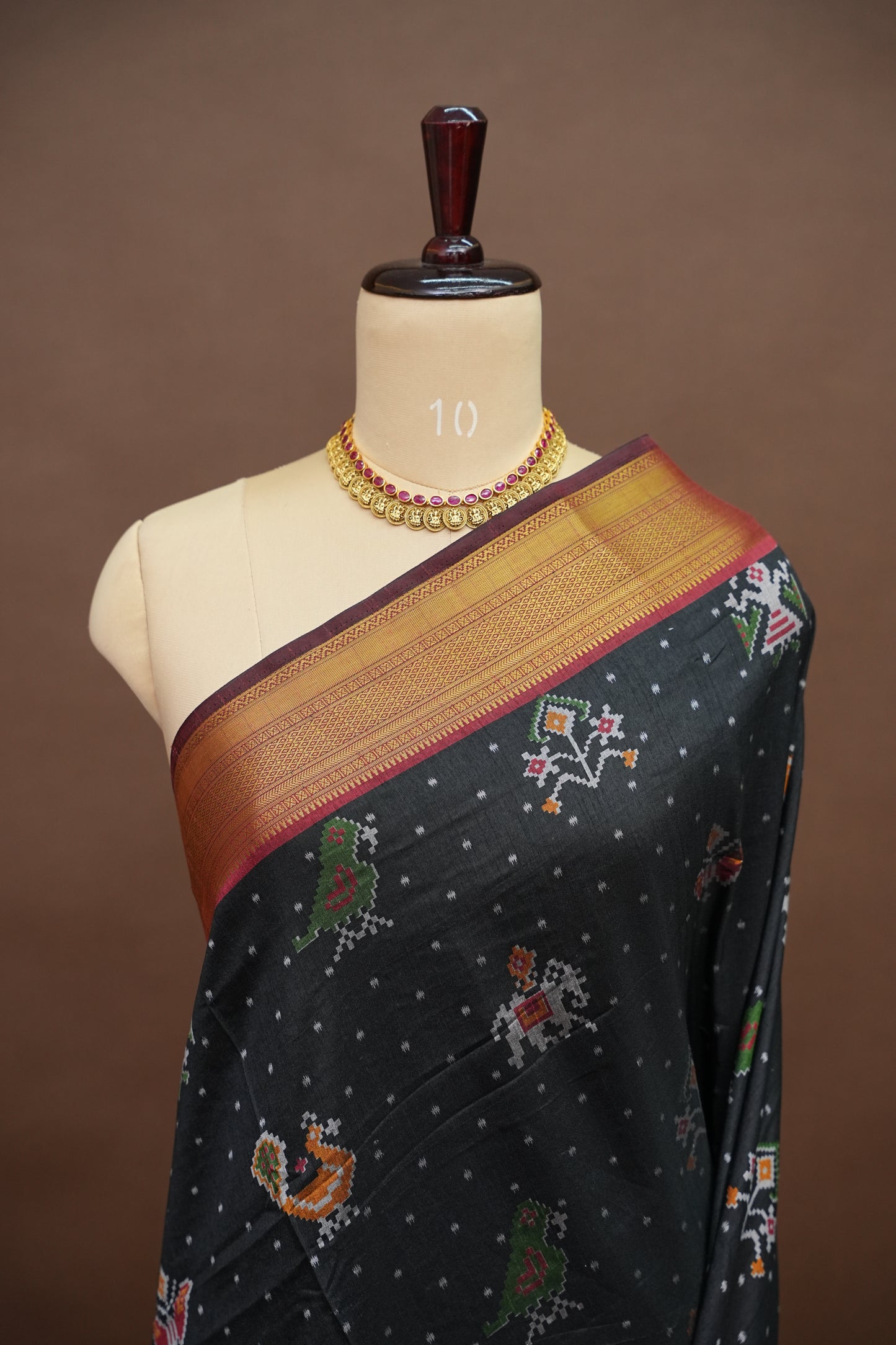 Charcoal Grey Semi Silk Saree with Traditional Ikat-Inspired Motifs & Rich Patola-Style Pallu