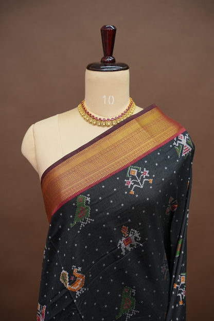 Charcoal Grey Semi Silk Saree with Traditional Ikat-Inspired Motifs & Rich Patola-Style Pallu