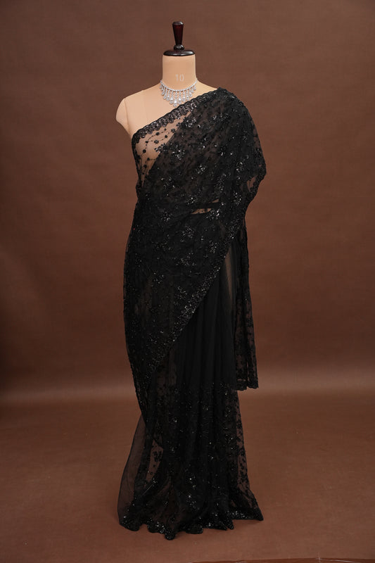 Party Wear Net Saree with Sequins & Ready to wear blouse - Black