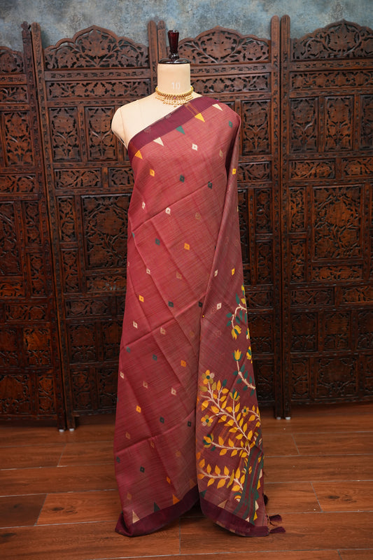 Khaddi Cotton Saree with Jamdani Pallu – Rust Maroon & Bottle Green