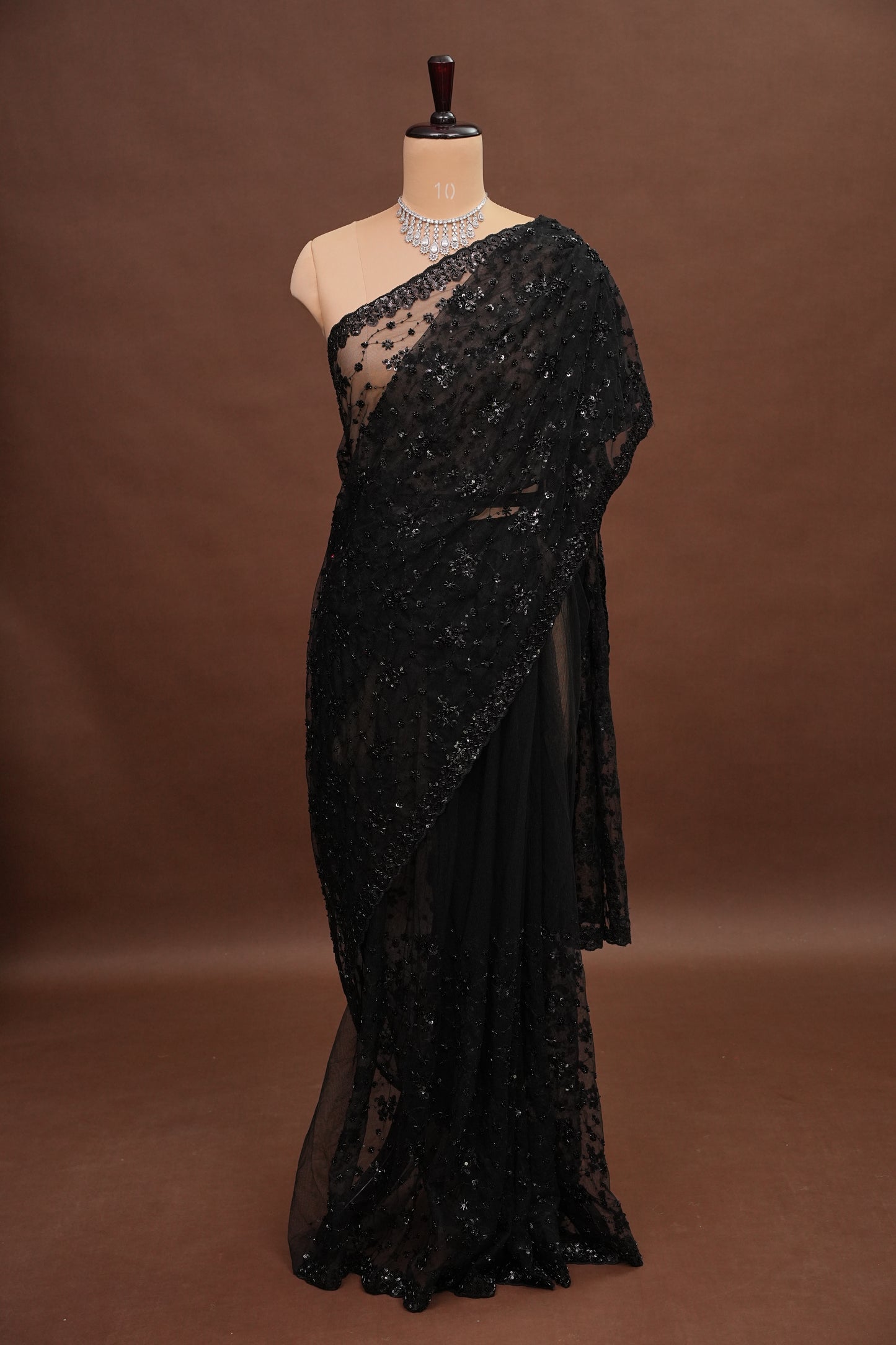 Party Wear Net Saree with Sequins & Ready to wear blouse - Black