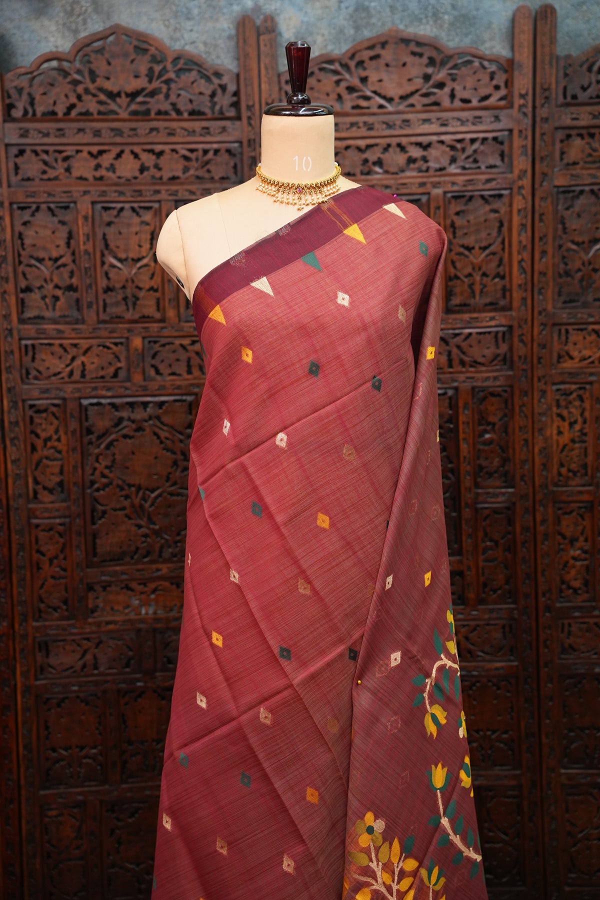 Khaddi Cotton Saree with Jamdani Pallu – Rust Maroon & Bottle Green