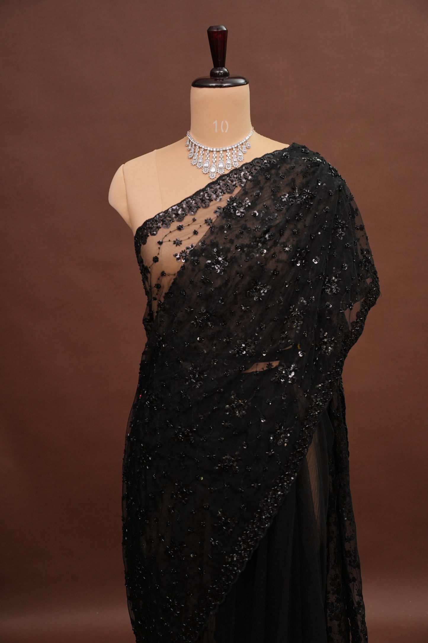 Party Wear Net Saree with Sequins & Ready to wear blouse - Black
