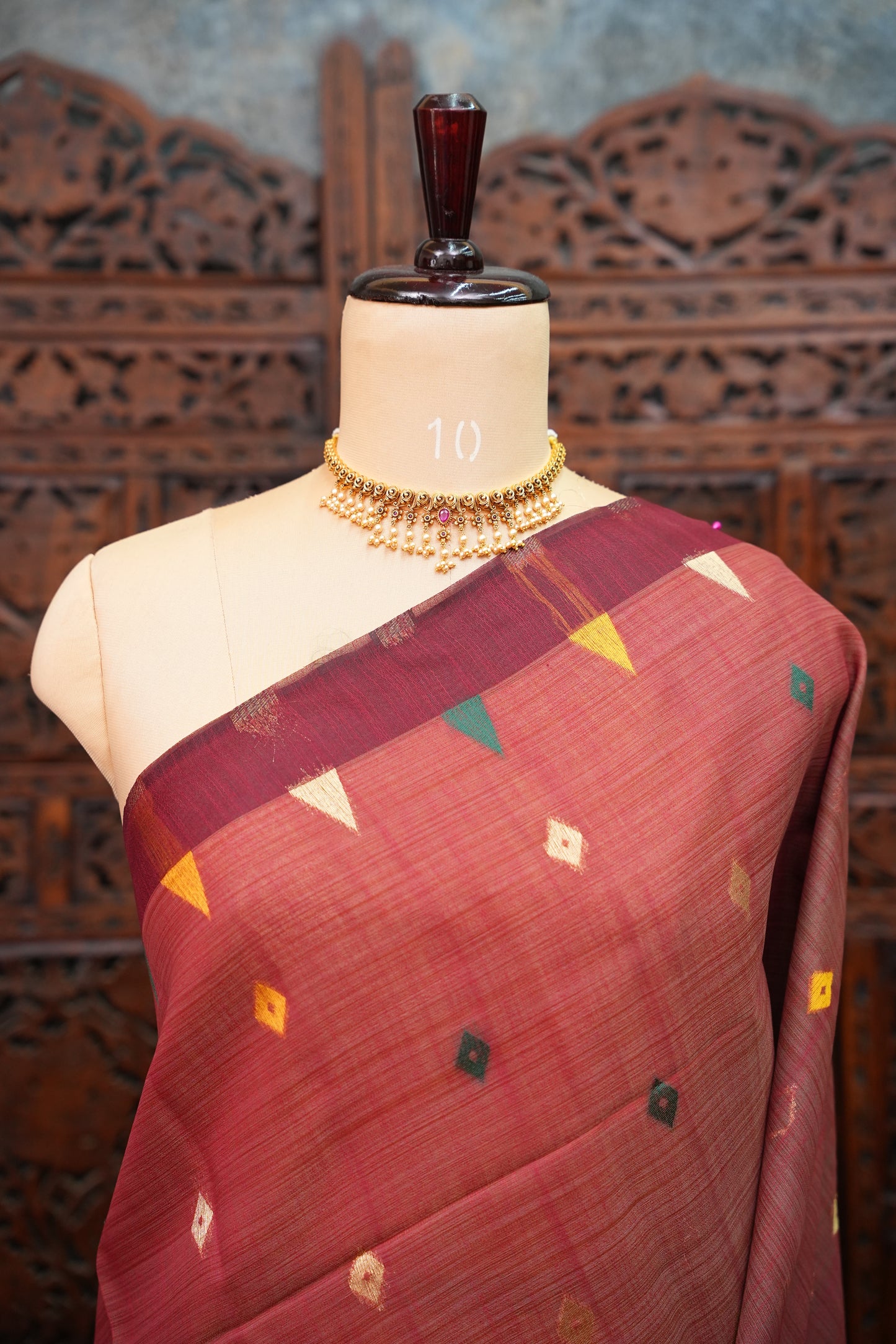 Khaddi Cotton Saree with Jamdani Pallu – Rust Maroon & Bottle Green