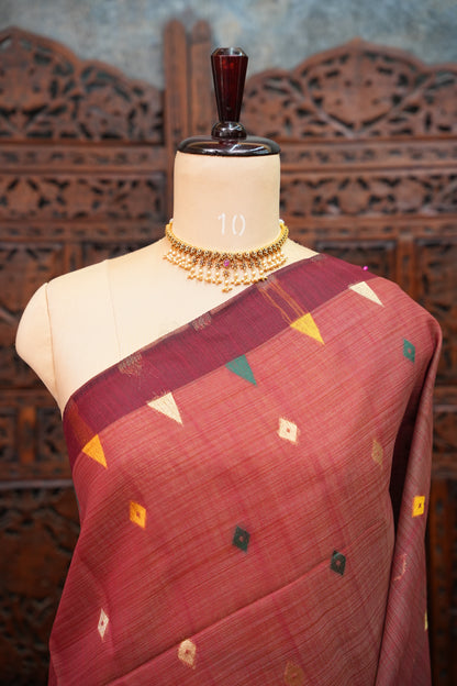 Khaddi Cotton Saree with Jamdani Pallu – Rust Maroon & Bottle Green