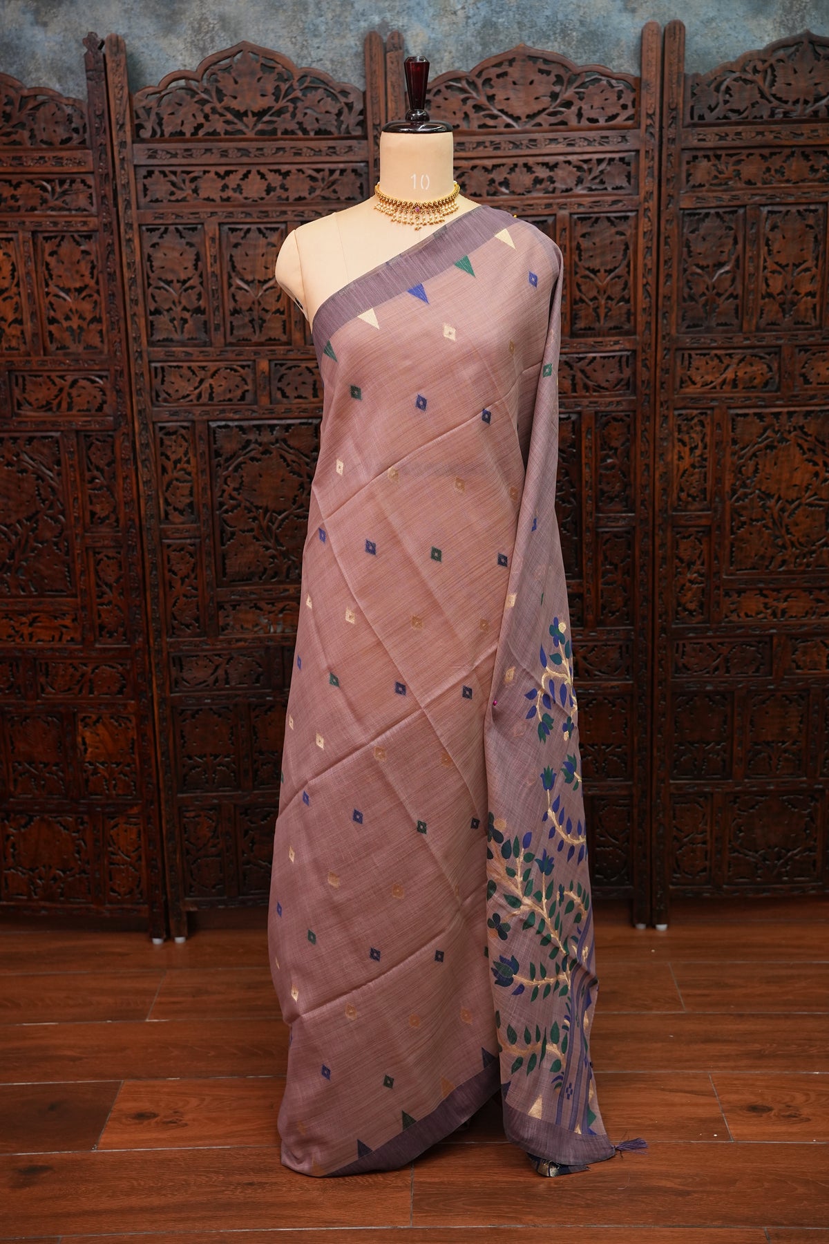Khaddi Cotton Saree with Jamdani Pallu – Dusty Mauve & Royal Blue