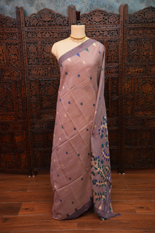 Khaddi Cotton Saree with Jamdani Pallu – Dusty Mauve & Royal Blue