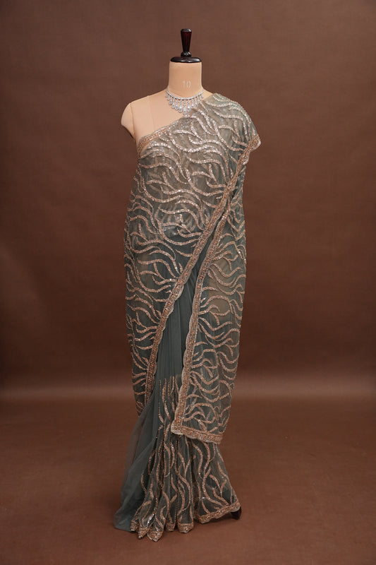 Party Wear Saree with Silver Bead & Sequin Embellishments - Deep Grey