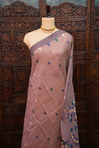 Khaddi Cotton Saree with Jamdani Pallu – Dusty Mauve & Royal Blue