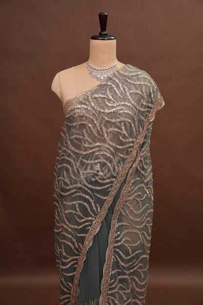 Party Wear Saree with Silver Bead & Sequin Embellishments - Deep Grey