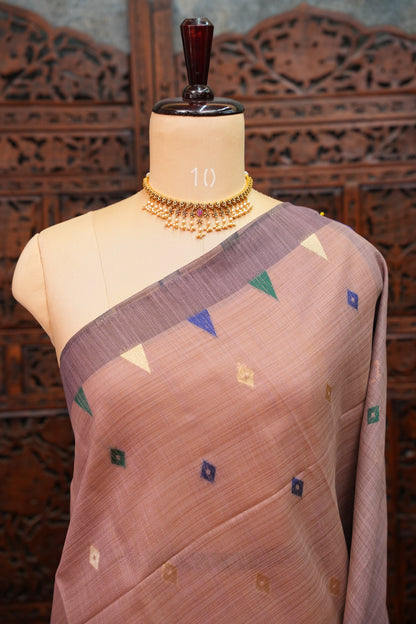 Khaddi Cotton Saree with Jamdani Pallu – Dusty Mauve & Royal Blue