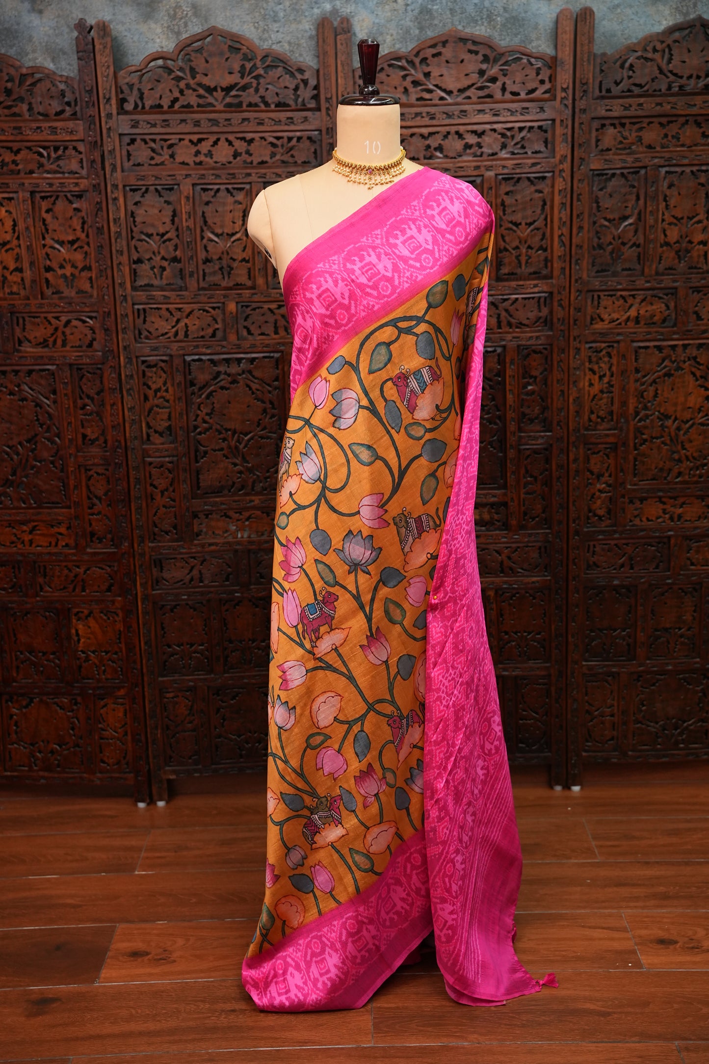 Tussar Saree with Kalamkari Body & Patola Border and Pallu – Mustard & Rani Pink