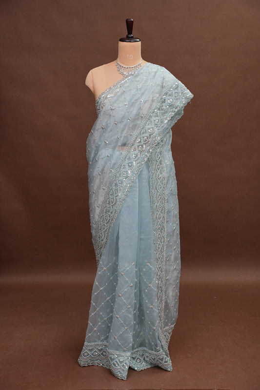 Party Wear Organza Saree with Silver Sequin Lattice - Pastel Blue