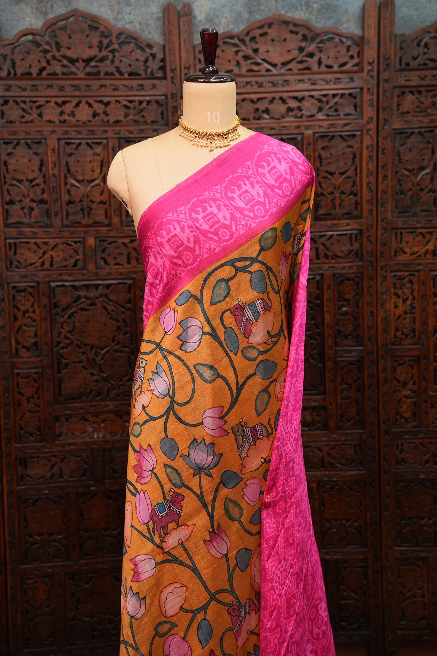 Tussar Saree with Kalamkari Body & Patola Border and Pallu – Mustard & Rani Pink