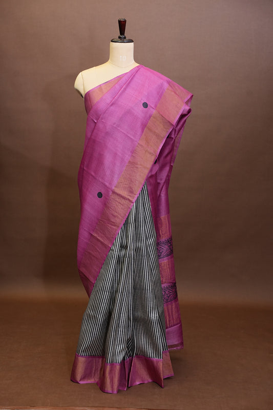 Geometric Patterned Pure Tussar Silk Saree - Pink