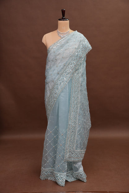 Party Wear Organza Saree with Silver Sequin Lattice - Pastel Blue