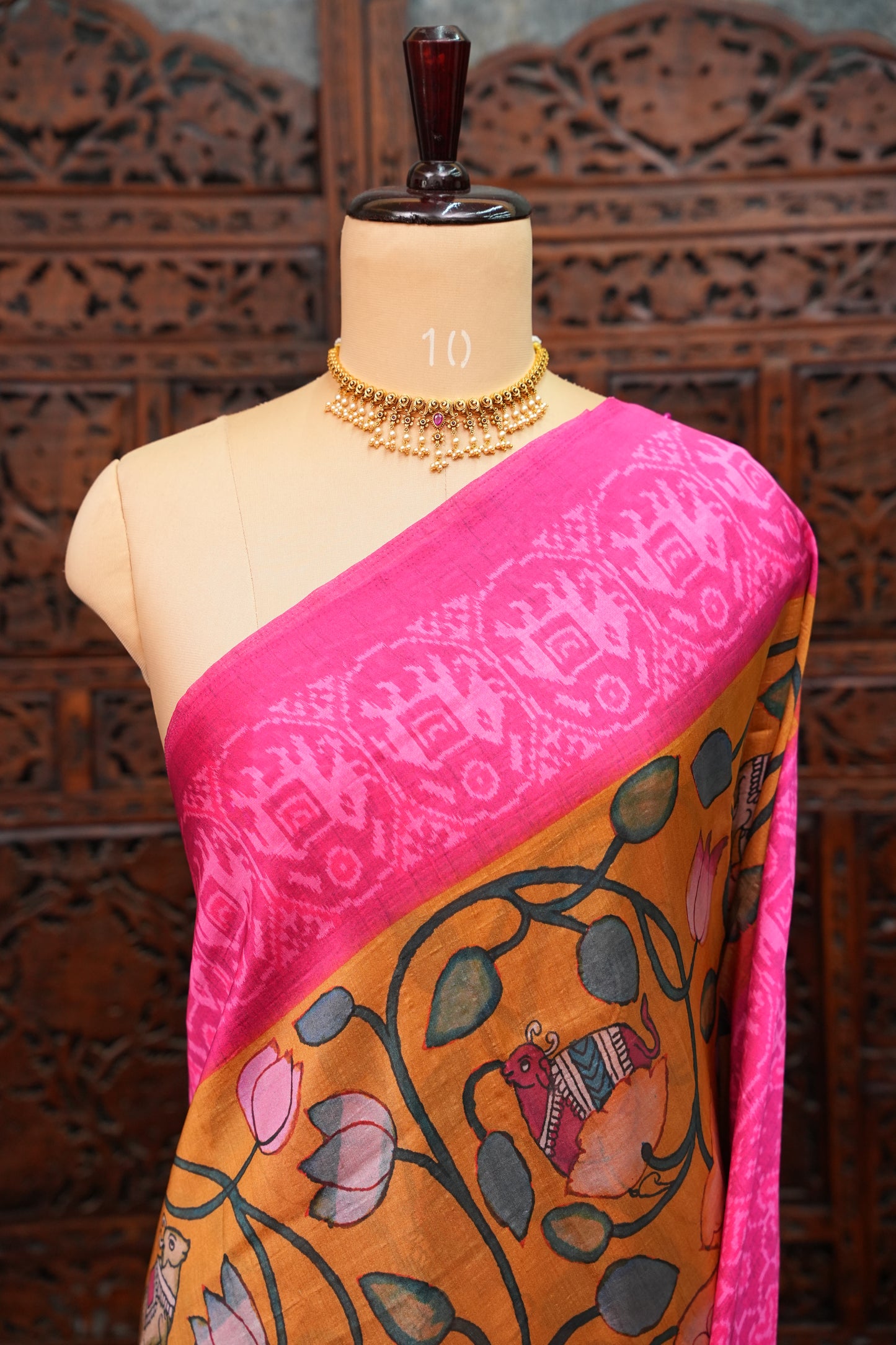 Tussar Saree with Kalamkari Body & Patola Border and Pallu – Mustard & Rani Pink