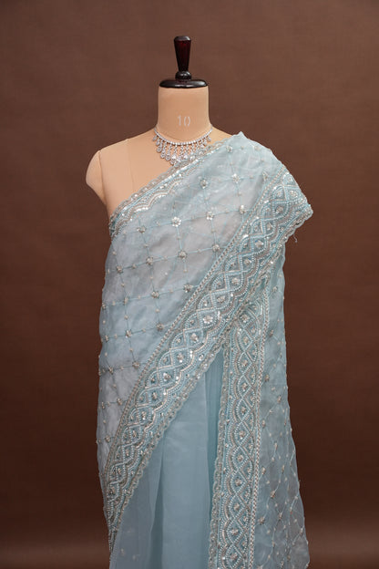 Party Wear Organza Saree with Silver Sequin Lattice - Pastel Blue