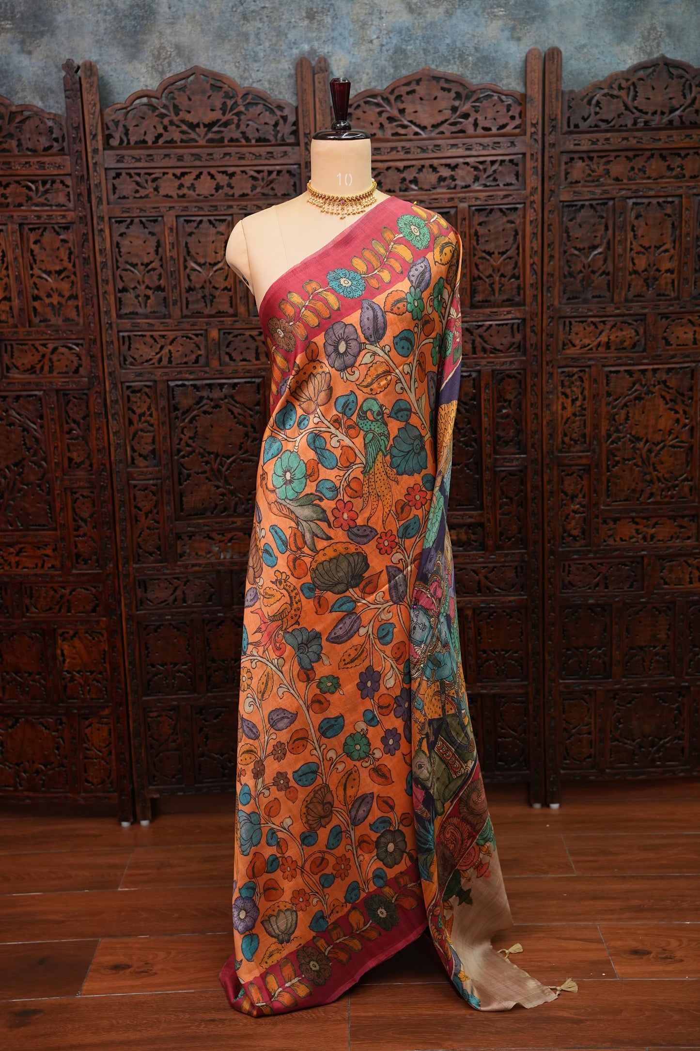 Tussar Saree with Kalamkari Body & Patola-Inspired Pallu – Rust Orange & Deep Purple