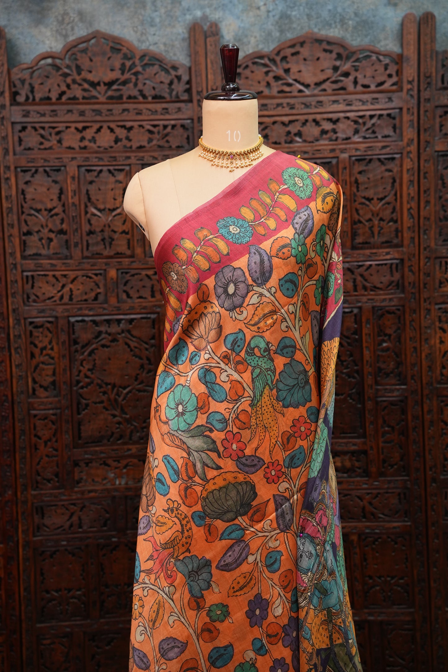 Tussar Saree with Kalamkari Body & Patola-Inspired Pallu – Rust Orange & Deep Purple
