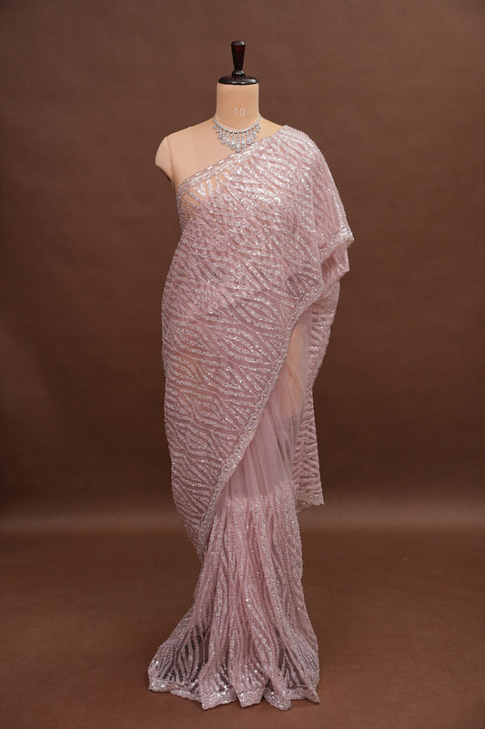 Party Wear Saree with All-Over Silver Bead & Sequin Embellishments - Blush Pink