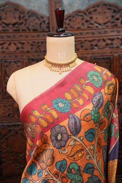 Tussar Saree with Kalamkari Body & Patola-Inspired Pallu – Rust Orange & Deep Purple