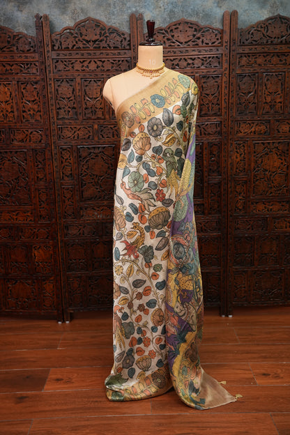 Tussar Saree with Kalamkari Body & Pictorial Pallu – Beige & Lavender Purple