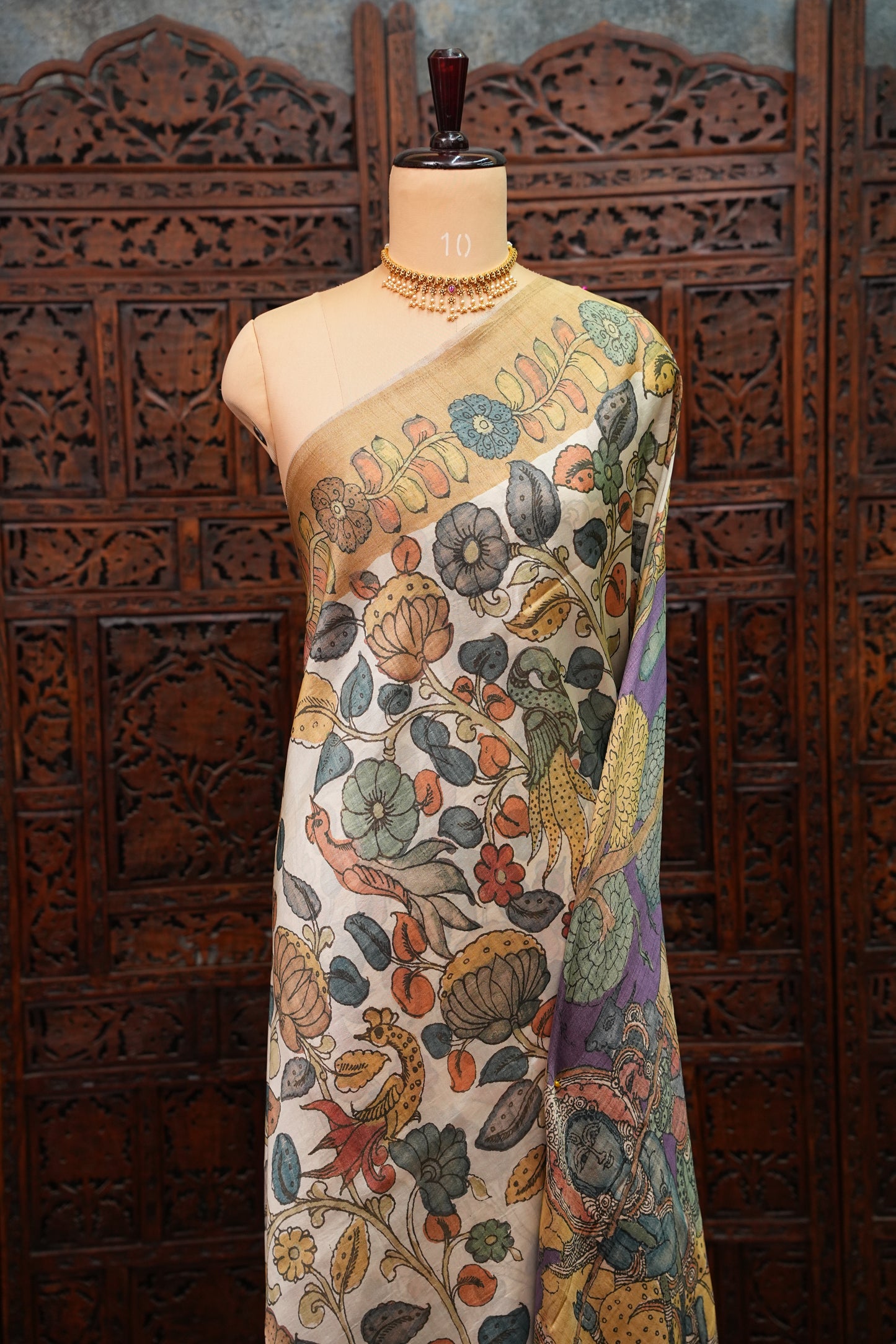 Tussar Saree with Kalamkari Body & Pictorial Pallu – Beige & Lavender Purple